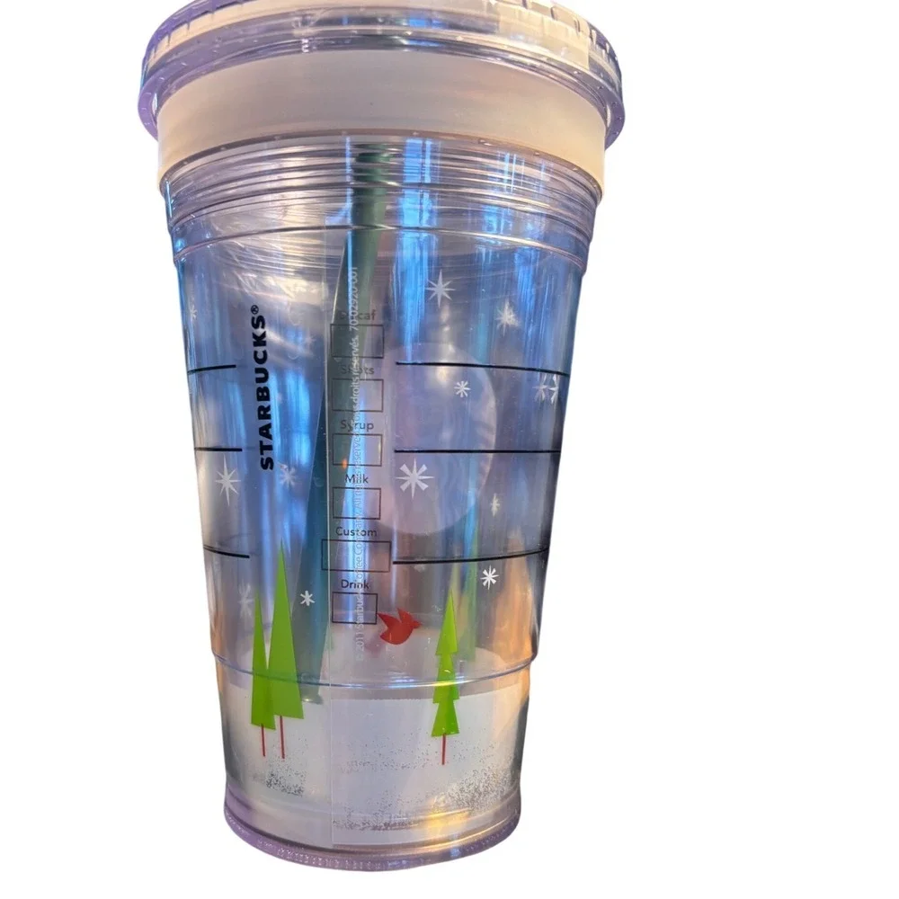 Starbucks 2011 Holiday Winter Trees Red Bird Clear Cold Cup Tumbler 16oz Grande
